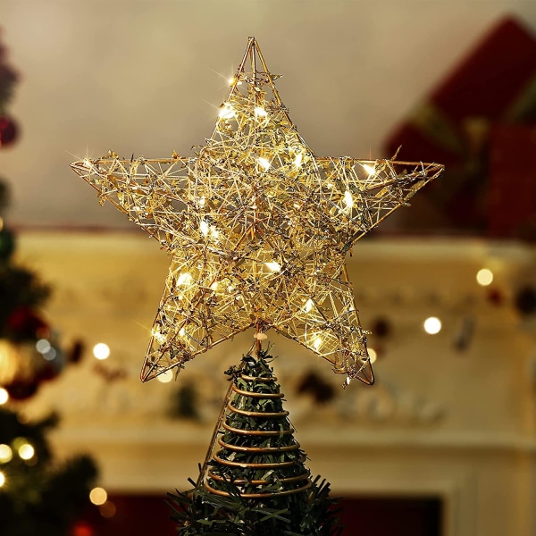 Star Tree Topper, batteridriven , Guld Julstjärna Treet Top med Timer Dekorativt ljus med silverremsor, 20 led ljus Xmas Metal Wire Tree Top
