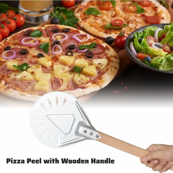 7 tums runt pizzaskal, perforerat pizzaskal med löstagbart långt trähandtag, tillverkat av aluminium och longziming halkfritt handtag