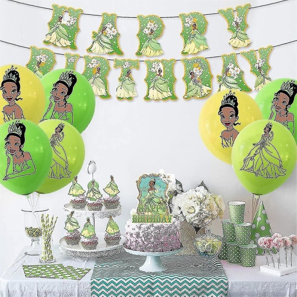 Prinsessa Tiana -juhlasisustus, Prinsessa ja sammakko -teemalla Hyvää syntymäpäivää -juhlatarvikkeita Sisältää bannerin, ilmapallot ja kakunpäälliset
