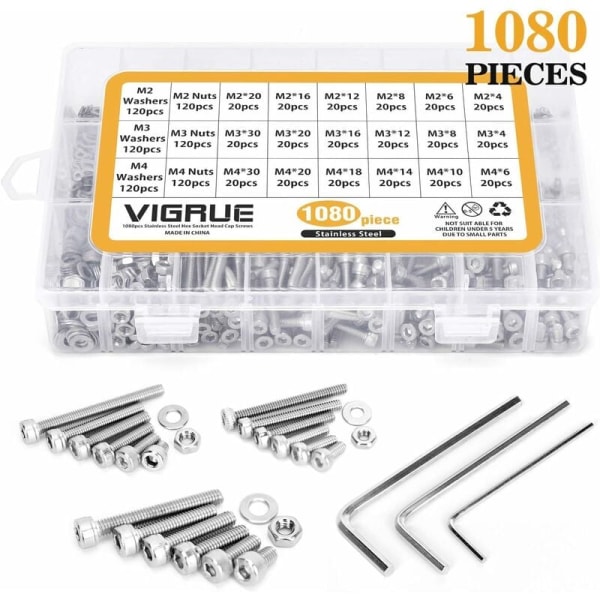 MINKUROW M2 M3 M4 Set 1080 delar Rostfritt stål sexkantslinsskruvar Muttrar och brickor med förvaringslåda (silver)