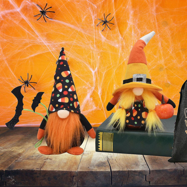 Halloween-dekorasjonssett: 2-pack svenske nisser for halloweenfestatmosfære uten ansikt Dvergdukker, edderkopp- og flaggermusrekvisitter (svart + gul)