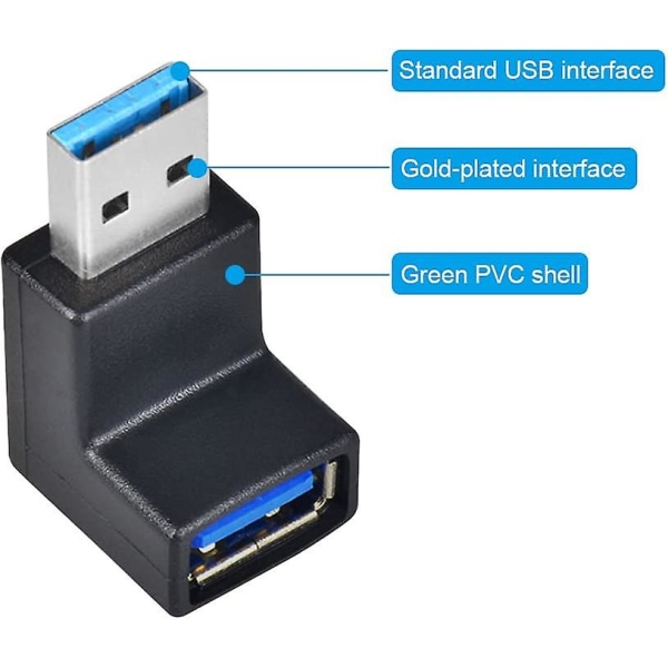 Svart 4st 90 graders USB 3.0-adapter 4st, vinklad USB hane till hona 5gbps Vertikal USB -kontakt Upp och ned Vinklad USB -koppling för PC Dator Tv Mo