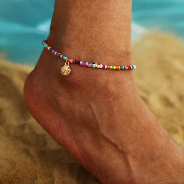 Boho Pärlad Anklet Armband Guld Skal Anklet Kedja Färgglada Pärlade Fot Smycken För Kvinnor Och Flickor - -