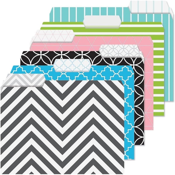 Geometric File Folders Value Pack - Set Of 24 (6 Designs) 1/3 Cut Staggered Tabs, Bright And Colorful Designs, Office Supplies, Letter Size, 9 X 11