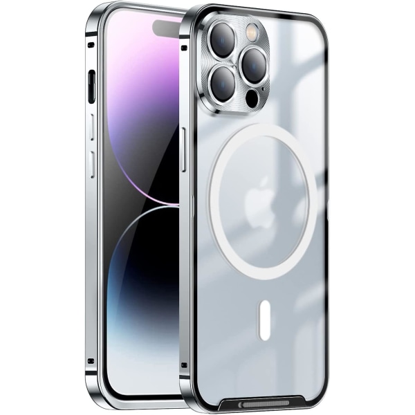 Iphone 14 Pro Max case kompatibel med Magsafe med kameralinsskydd och säkerhetslås Metall aluminiumlegering stötfångare Matt Genomskinlig baksida
