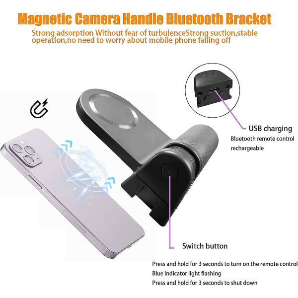 Magnetisk kamerahandtag Bluetooth -fäste, med löstagbar Bluetooth slutare fjärrkontroll och kalla stövlar, för Iphone, Samsung, AndroidGray