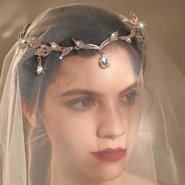 Brudbröllopspannband Kristallhuvudkedja Drop Pendant Headpiece Bladhårtillbehör för kvinnor och flickor (set-b)