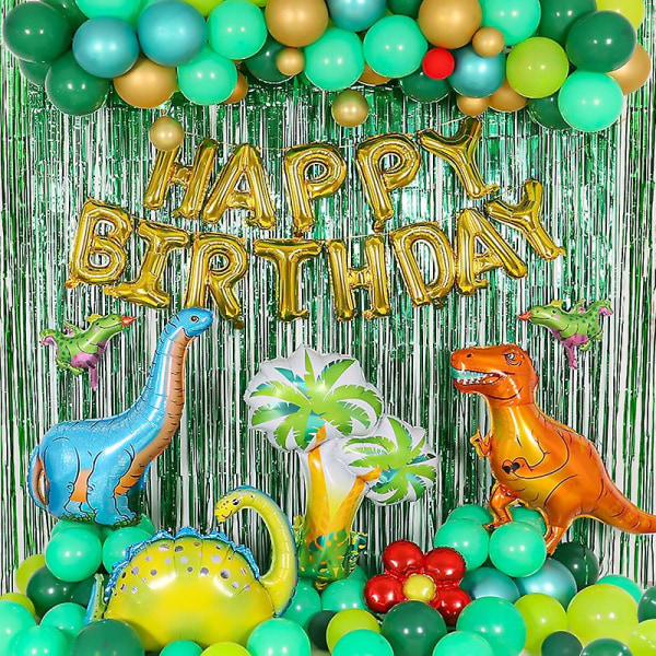 Dinosaurier födelsedagsfest set, med dinosaurie-tema festfavoriter inkluderar dinosaurier ballonger, grattis på födelsedagen banner, bakgrund, pappersfläkt, gardin