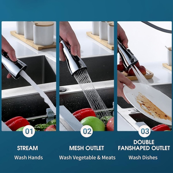 Køkkenhanesprøjtehoved 3 funktioner sprøjtehoved 360-drejeligt vandhanesprøjtehoved G1/2 Vandbesparende vaskbelufter til udskiftning af køkkenhanesprayhoved Po