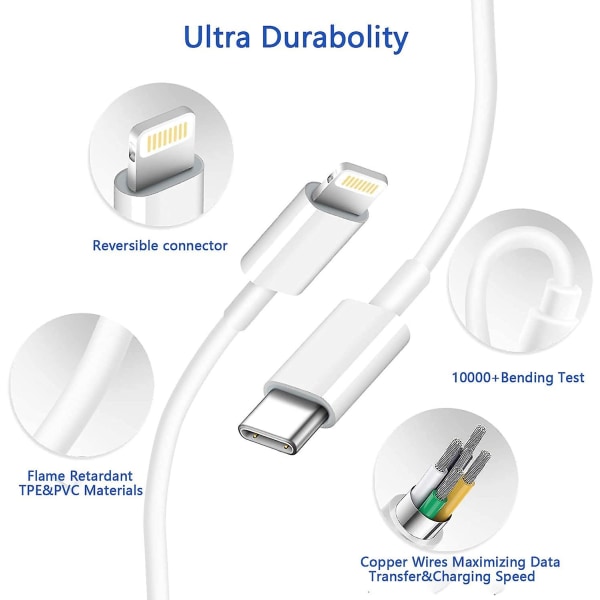 Cble USB C Vers Lightning De 2 M, Laddare USB C 20 W, Kompatibel Avec Iphone13 12/11 Xs/xs Max/xr/x, Ipad