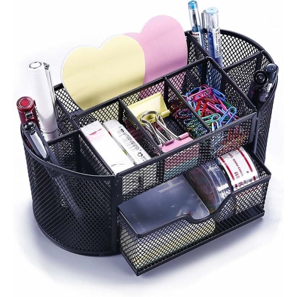 MINKUROW organizer, mesh kontorsmaterial med låda och 9 fack för pennor, suddgummi, klämmor, klisterlappar (svart)