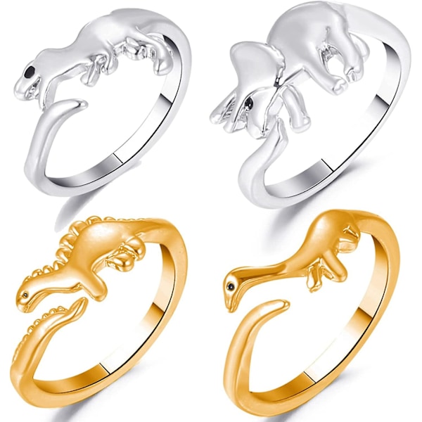 4-pack Dinosaurie Ringar Set Guld & Silver Söt Tyrannosaurus Triceratops Öppna Justerbara Ringar För Tonåringar Pojkar Flickor Jurassic Era Dinosaurie Ring Band Je