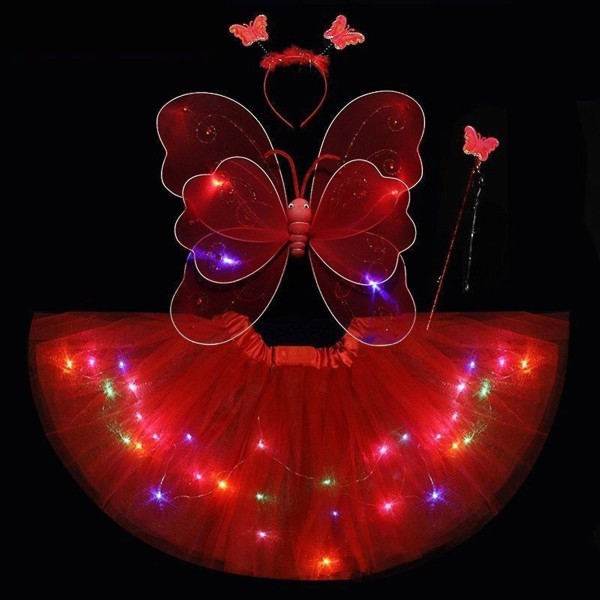 Keijumekko- set Light Up Butterfly Wand -mekkosanka ja siivet set pikkutytöille loma-cosplaylle (punainen)