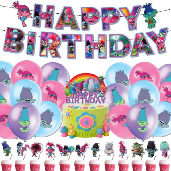 Lasten sarjakuvapeikojen set sisältää Happy Birthday -bannerin, ilmapallon, kakku-/kuppikakkupäällyksen, peikkojuhlatarvikkeita