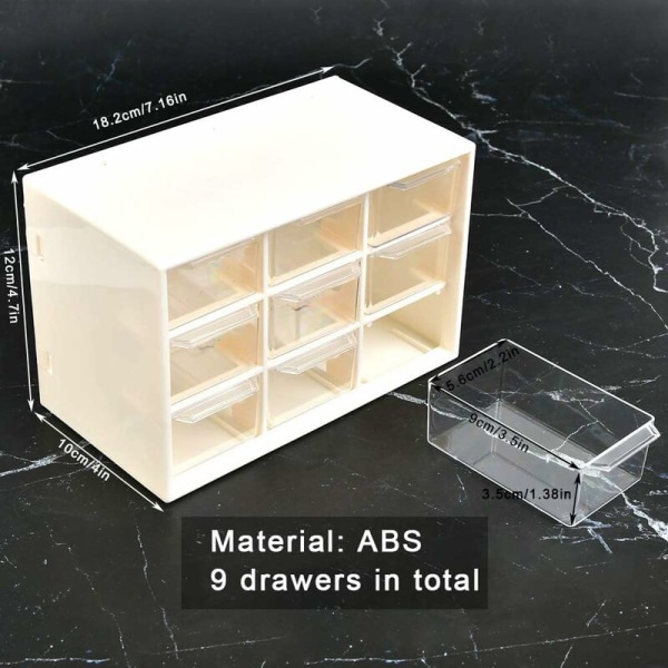 Förvaringslåda med 9 fack för förvaring av smådelar, skruvar, gör-det-själv-verktyg, 3-delad vit organizer med transparenta lådor
