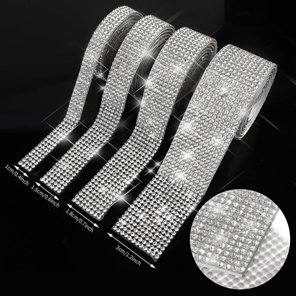 4 rullar 4 storlekar självhäftande kristall Rhinestone diamantband, 3,6 Yard självhäftande dekorationsklistermärken för klädselfester Tillbehör Bröllopsfödelsedagskonst