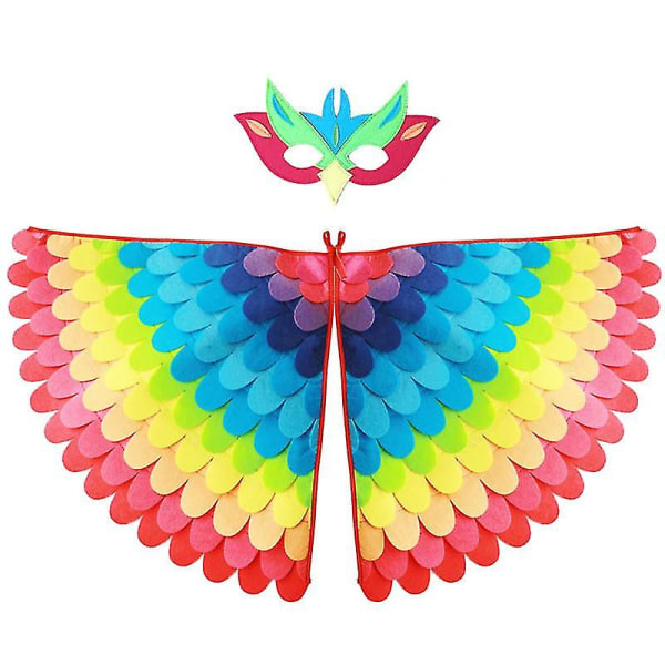 Birds Wings Kostymesett Halloween Peacock Papegøyekappe med filtmaske Fancy Dress Up for barn（W37）