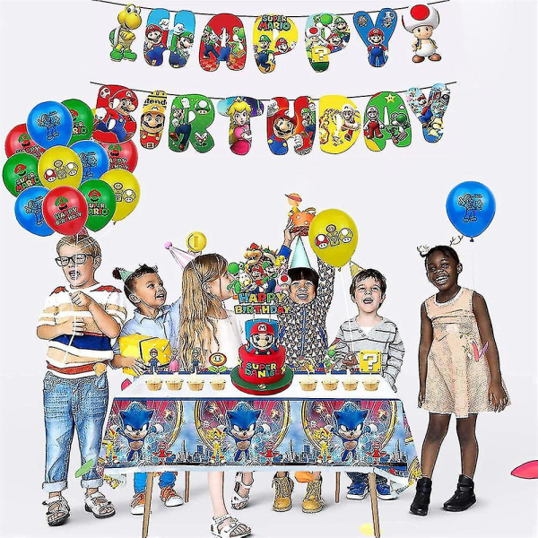 Super Mario Gratulerer med bursdagsfest Dekorasjonsutstyr Ballonger Kit Bunting Banner Cake Cupcake Toppers Sett