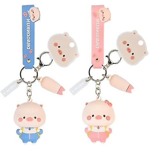 Cute Pig Couple Keychains Accessories 3d Anime Keyring Car Key Bag Charm Decoration Gift For Girls Boys -pigs With Schoolbags-pinkblue