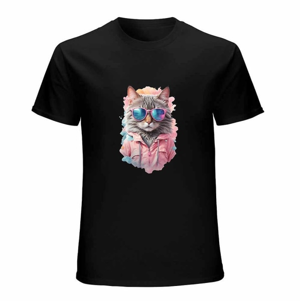 Suloiset aurinkolasit Kissa Pastelli Akvarelli Graafinen T-paita Lovely Animal Lyhythihainen (M, musta)