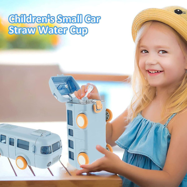 Bus vandflaske, børns lille bil halm vandkop, 17 oz bærbar aftagelig bus vandflaske med skulderrem (blå)