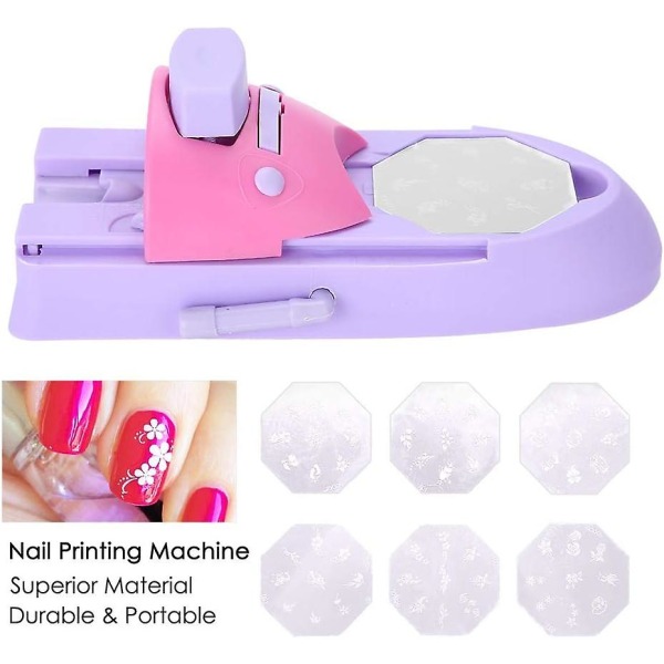 Nagelskrivare manikyrverktyg Professionell nail art malltryckmaskin (1 huvudmaskin + 6 printed mallar i rostfritt stål + 1 användarmanual)