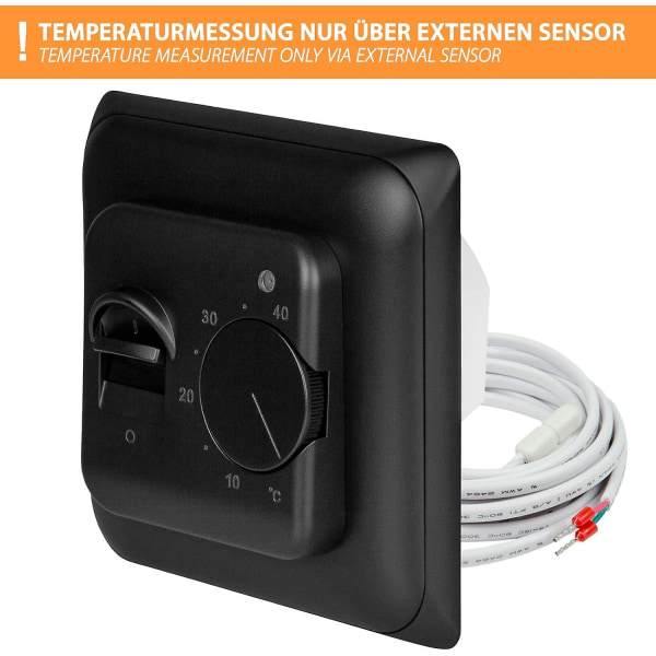 Innebygd analog romtermostat med ekstern gulvsensor for 16A gulvvarme, min/maks temperaturgrenser (svart)