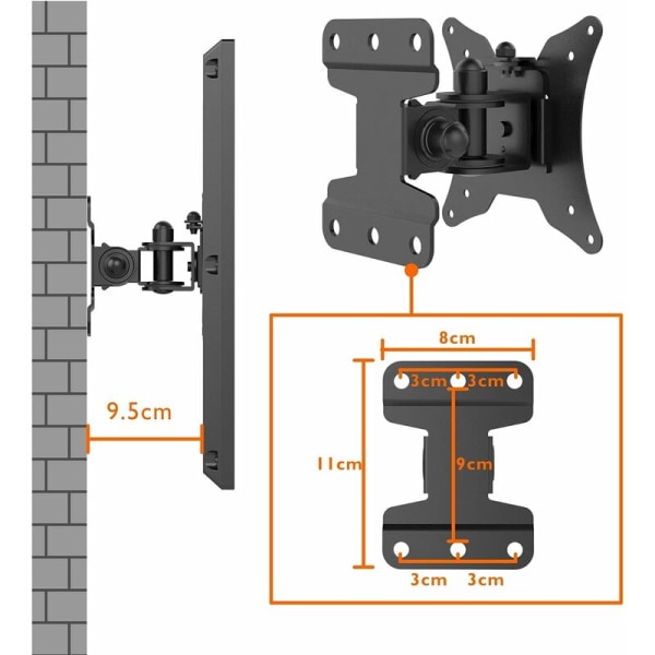 Universal lutande och vridbart väggfäste för bildskärmar för 13-30" bildskärmar och platta/böjda TV-apparater, upp till 25 kg, VESA 75x75 / 100x100mm