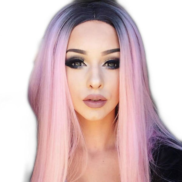 Langt rett hår for kvinner Svart gradient lys rosa parykk