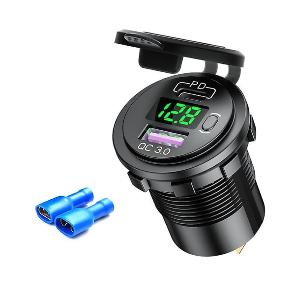 Grön 12v/24v USB C billaddareuttag Qc3.0 Pd Power nätadapter med voltmätare för bil marint lastbil båt motorcykel