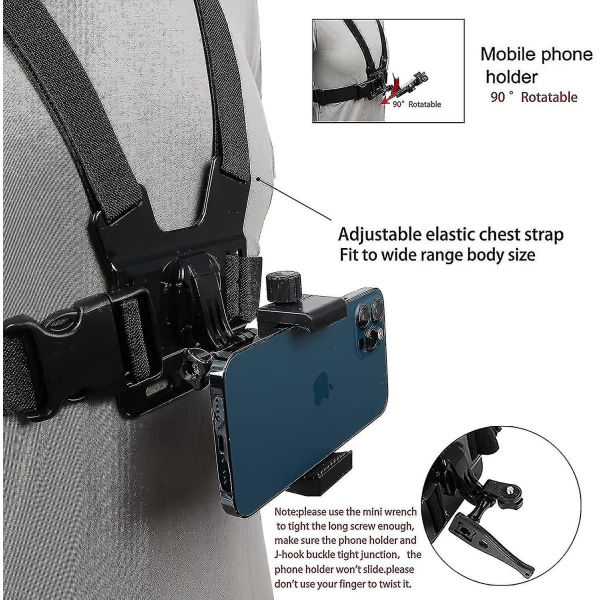 Mobiltelefon brystfeste sele stroppholder, mobiltelefon klips actionkamera Pov kompatibel med Samsung Iphone Gopro（Sort)