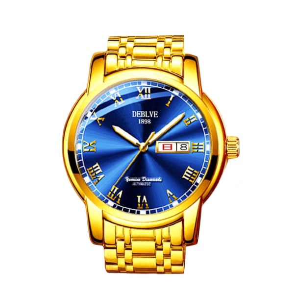 Mænds armbåndsure Luksus rustfrit stål kalender kvarts armbåndsur til møde og dating jubilæum（Blue Faced Golden Band)