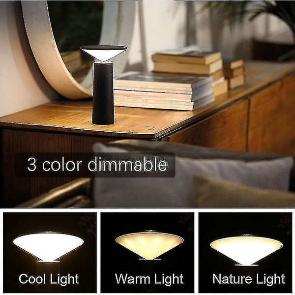 Sladdlös ledbordslampa, uppladdningsbar skrivbordslampa med dimbar touchkontroll, 3 färger, för inomhus-/utomhusbruk, restaurang, bar - svart