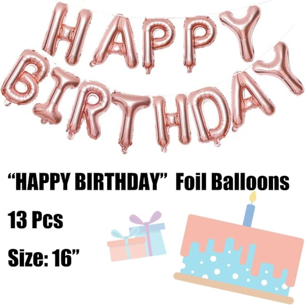 Grattis på födelsedagen Banner Ballonger Set Barnfest Dekorationer Kit (roséguld)