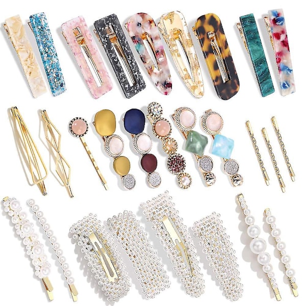 28 kpl Helmi- ja Akryylihartsihiuspinnejä Käsintehtyjä Hiuspantoja Marmori Alligator Bobby Pins Glitter Crystal Geometrinen Hiuspannu Elegantti Kulta Hiukset