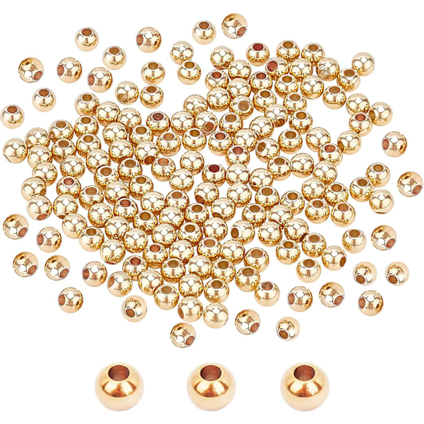 300pcs 4mm 14k Gold Plated Brass Beads Long-lasting Plated Round Smooth Spacer Beads For Necklace, Bracelet, Earring Making