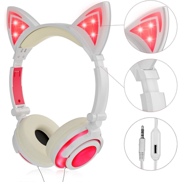 Hodetelefoner for jenter Gutter, blinkende LED-hodetelefoner med mikrofon på øret Universalt kablet 3,5 mm stereohodesett