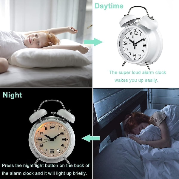 Høyt vekkerklokke for tungt sovende voksne, stille, ikke-tikkende tvillingklokkevekkerklokke for soverom