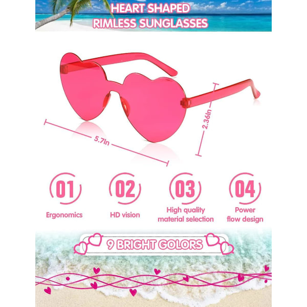 Hjertebriller 9 par kantløse hjerteformede solbriller Hjerteformede briller Festsolbriller Hjertesolbriller（Farverige）
