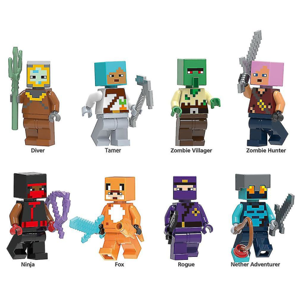 8 stk Minecraft Series Minifigurer Byggeklosser, Spill Mini Action Figurer Leker Julegaver til 6 år + barn Gutter Jenter