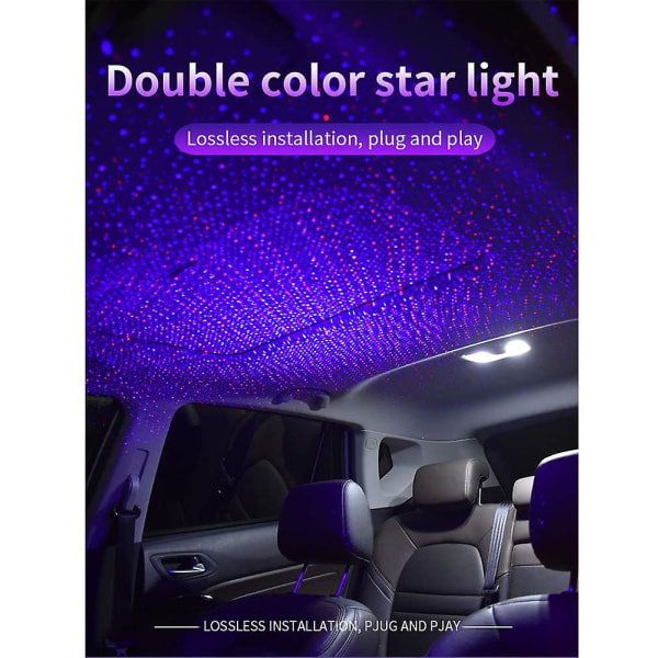 USB nattljus stjärnprojektor, 2 i 1 auto bil led takljus romantisk atmosfär röd/blå/grön bil interiör ljus justerbar USB takstjärnor dekoration