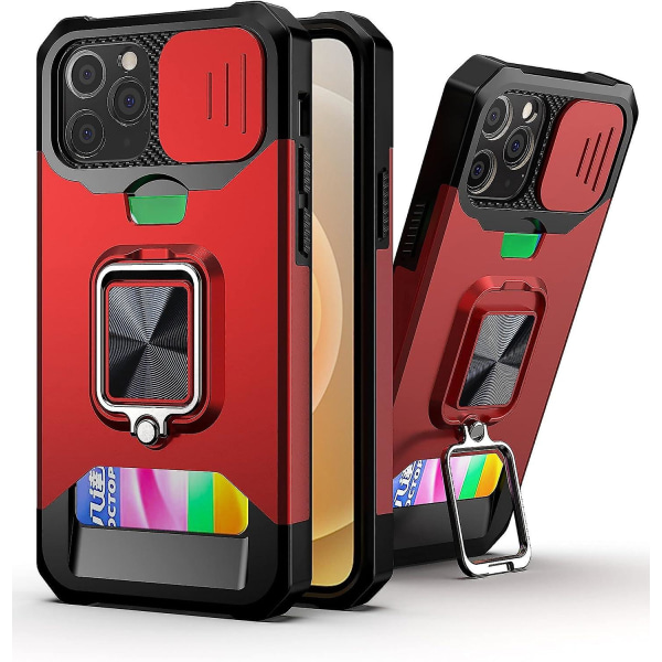 Lämplig för Iphone 12 Pro Max 6,7-tums phone case, kortplats och cover, 360 roterande fäste och magnetisk adsorption för mobiltelefon (röd)