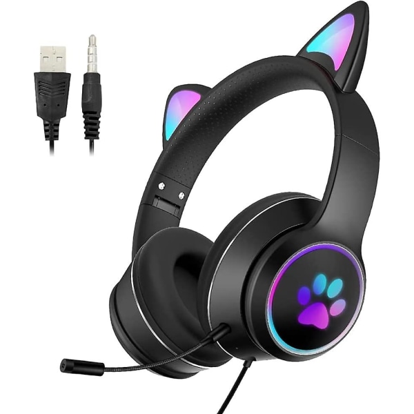 Kabelanslutet Led Cat Headset Gaming Headset för vuxna och tonåringar, justerbart vadderat pannband, löstagbar mikrofon, brusreducering och Rgb-ljus (svart, USA)