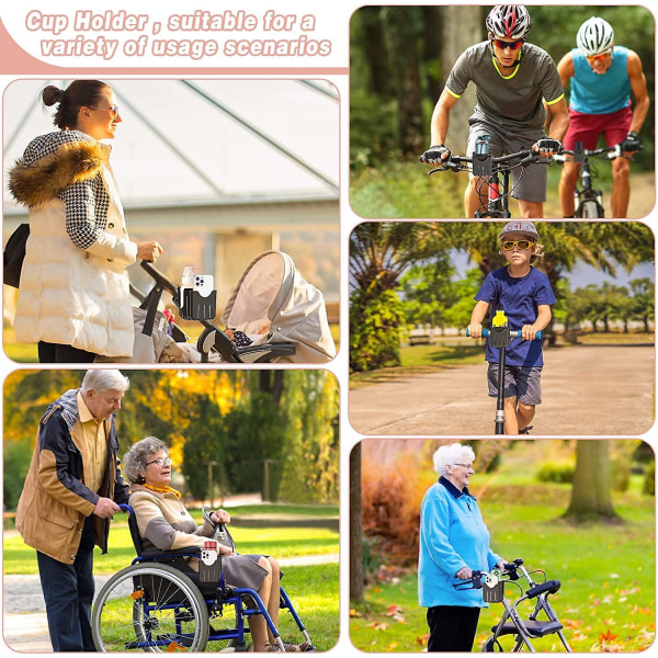 Mugghållare för barnvagn med telefonhållare, universal flaskhållare för rullstol, rullator, cykel, skoter, barnvagnstillbehör