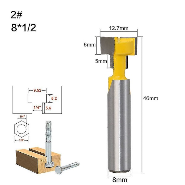 2 stk. 8mm Skaft T-spor Fræser Sæt Træskæring T-spor Træbearbejdning T-spor Fræsere Til 9,52mm Og 12,7mm Hex Bolt Gul