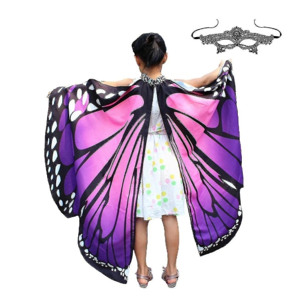 Sommerfuglevinger til piger Sommerfugle Halloween kostume til piger Butterfly Fairy Wings Sjalmaske (blå rød）