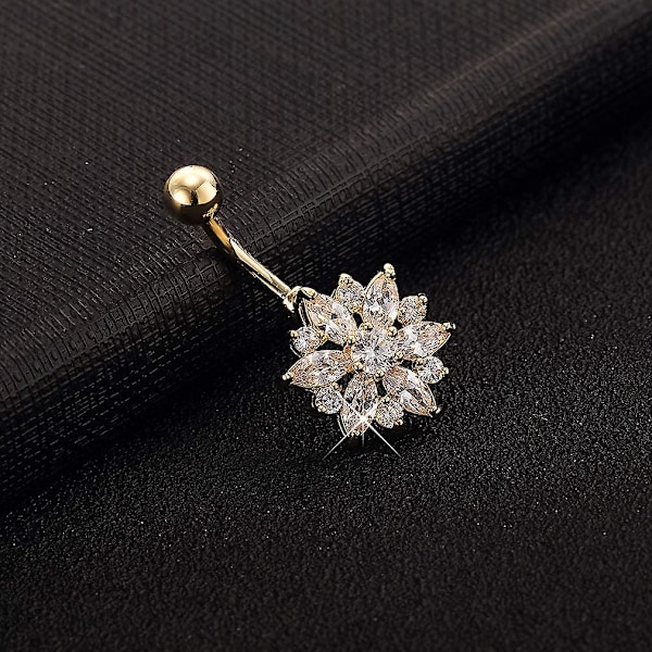 Cz Blomst Navlering - Kirurgisk Stål Vibrerende Rhinestone Blomst Navleringer Forgylt I 18k Gull - Diamant Kort Krysantemum Navlepiercing