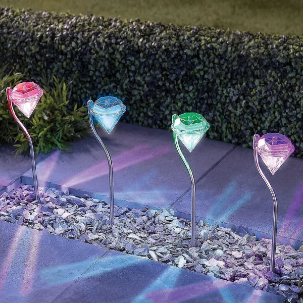 Set med 4 solcellslampor, färgskiftande rostfritt stål diamantformad utomhussollampa