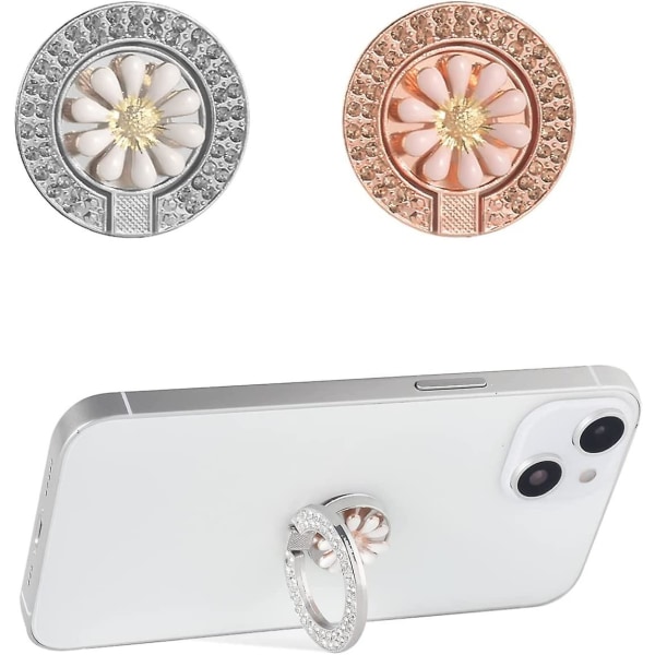 2 delar Glitter Mobiltelefon Ring Daisy Shape Mobiltelefon Hållare Ring Med Artificiell Diamant Telefonhållare - För smartphones och surfplattor - Rosa+vit