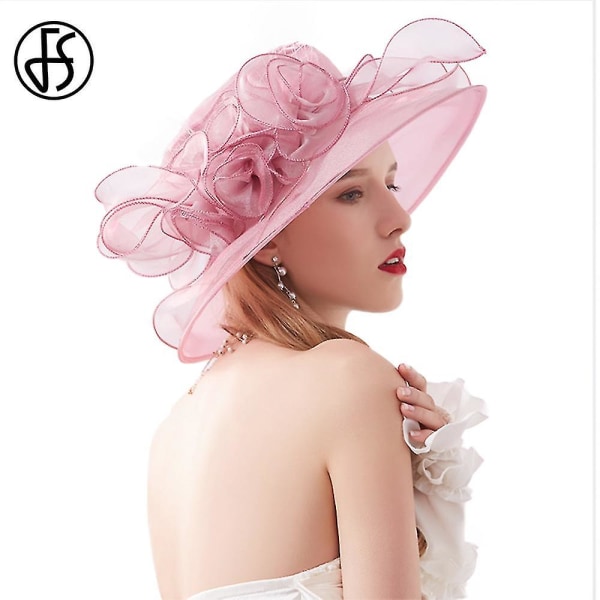 Naisten kesäiset muodolliset derbyhatut Elegantti vaaleanpunainen violetti kukkakirkkohattu naisten leveälieriseksi Fedoras Chapeau Mariage (Derby Hat 9)